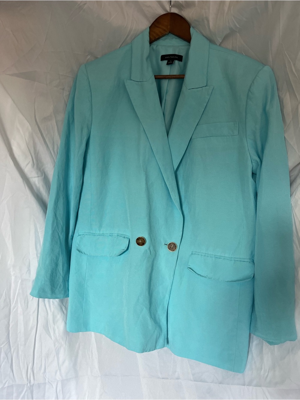 Ann Taylor Double-Breasted Blazer Size 12 Linen Blend Teal Blue Summer Work